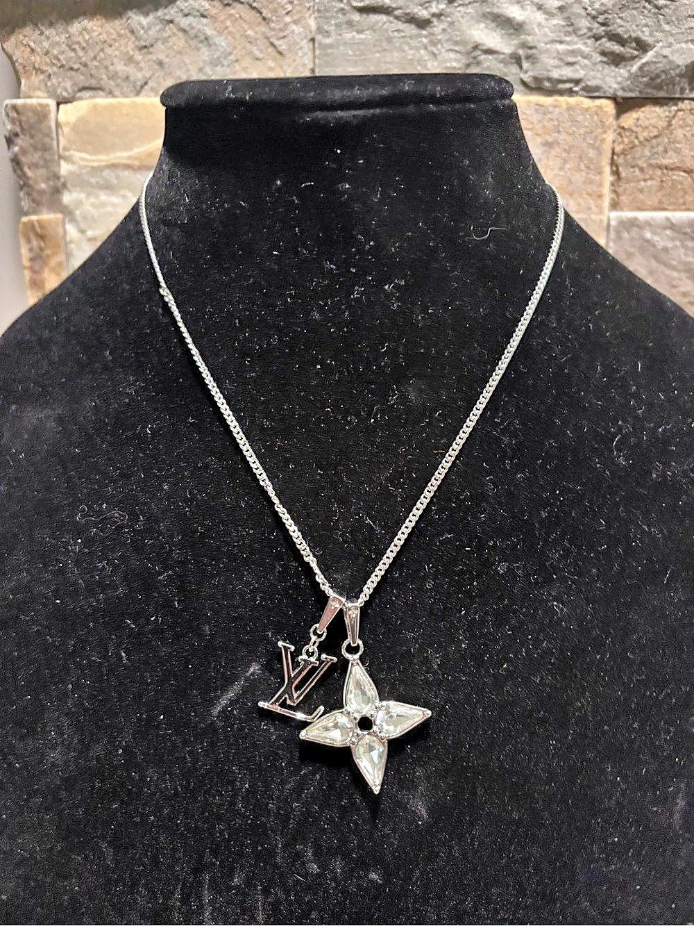 Striking Silver-Tone LV logo & Crystal Necklace
